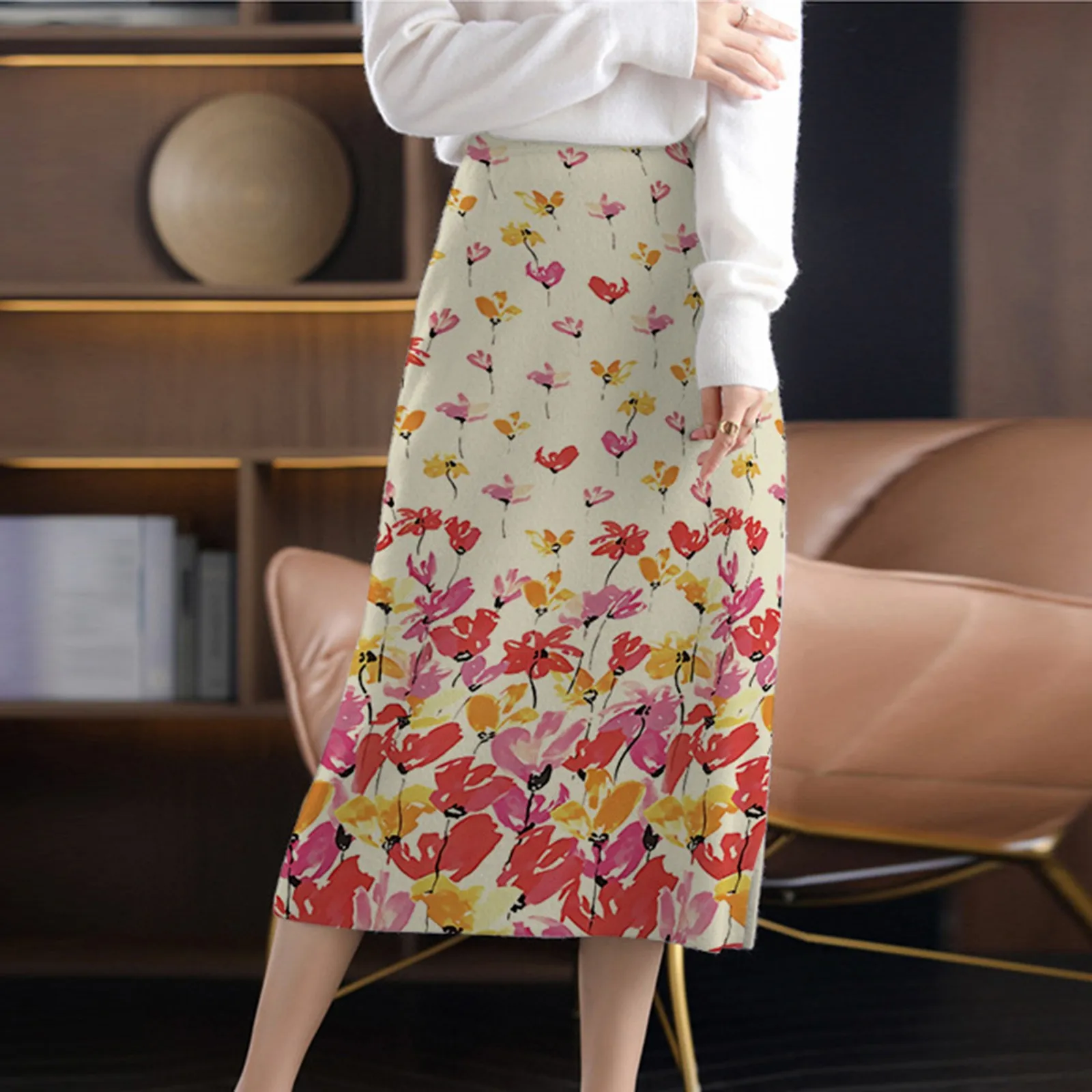 

Зимняя женская вязаная юбка, длинная облегающая юбка-карандаш с эластичной талией, теплая Юбка-миди с принтом бабочки