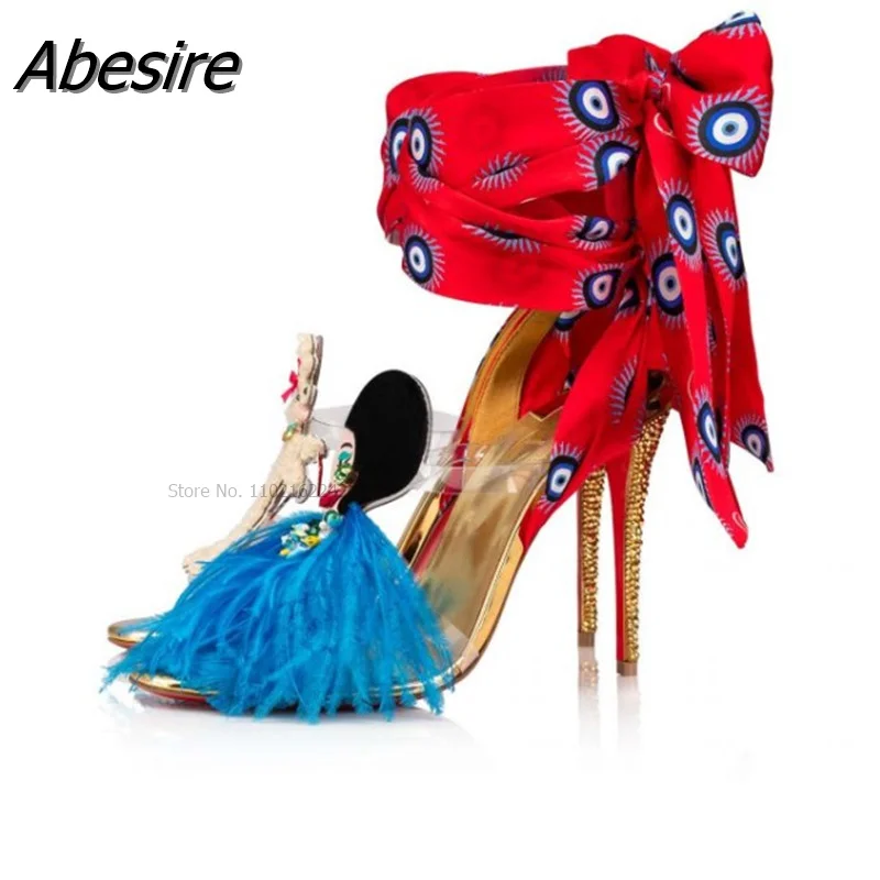 

New Ankle Strap Feather Heel Sandals Mixed Colors Creative Dog And People Haute Couture Sandals Open Toe Stiletto Catwalk Shoes