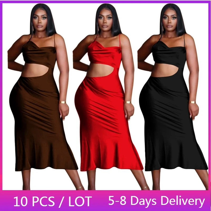 

Оптовая продажа, атласное облегающее платье с лямкой на шее, женская одежда, сексуальное платье миди с открытой спиной и оборками, летнее Клубное платье без рукавов