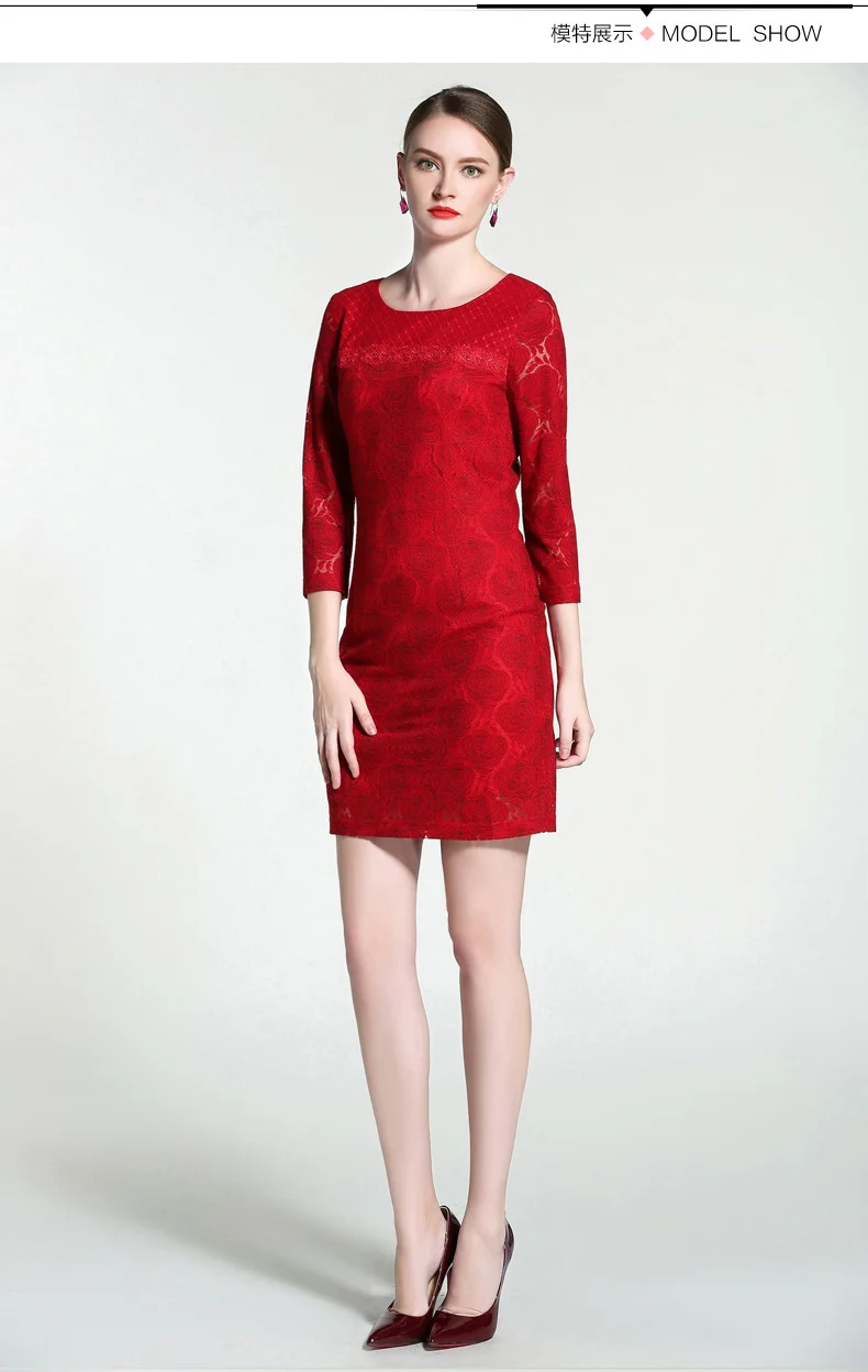 Gowani Spring Summer Women's Elegant Rose Lace Embroidered Cutout Sexy Red Party Skinny 3/4 Sleeve Mini Dress