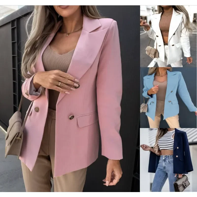 

2022 Women Blazer Four Seasons Fashion Casual All Match Coat Lapel Cardigan Solid Color Mid Length Slim Temperament Suit Jacket