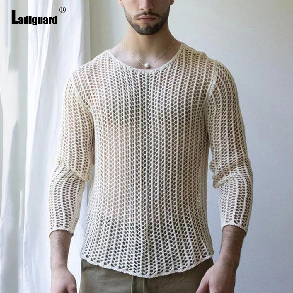 

Ladiguard Sexy Hollow Out T-shirt Men Fashion Top 2022 Summer New Casual Pullovers Solid Knitted Shirts Clothing Plus Size S-3XL