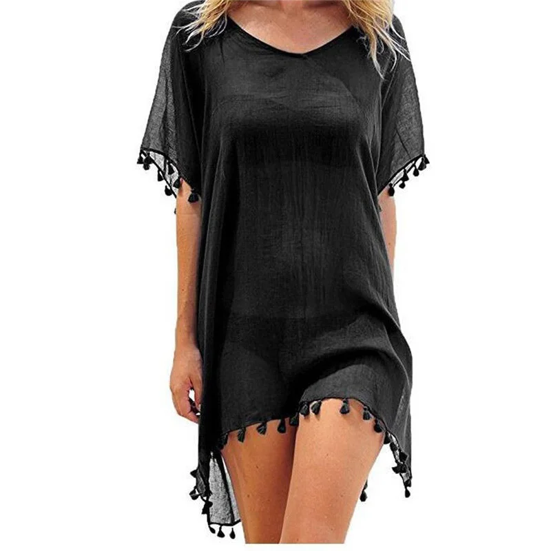 2021 Chiffon Tassels Beach Wear Women Swimsuit Cover Up Swimwear Bathing Suits Summer Mini Dress Loose Solid Pareo Cover Ups