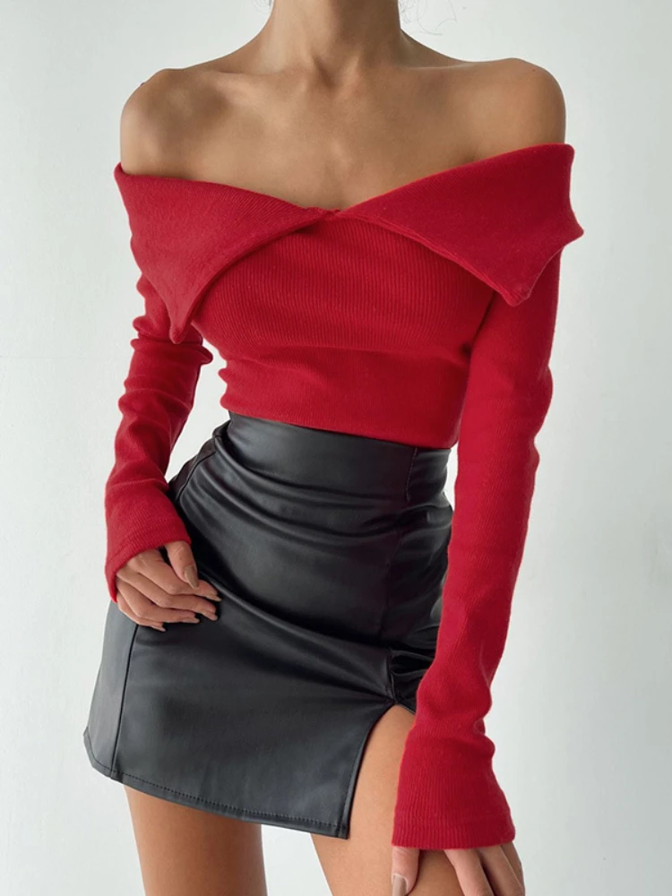 

Autumn Winter Sexy Off-shoulder Long-sleeved Red Knitted Pullovers for Women 2022 Fashion Slim Thin Sweater Ladies Office Tops
