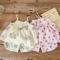2022 sweet baby girl summer fashion set sexy strawberry sleeveless sling tops and girls cute bear cotton loose shorts 2pc suit