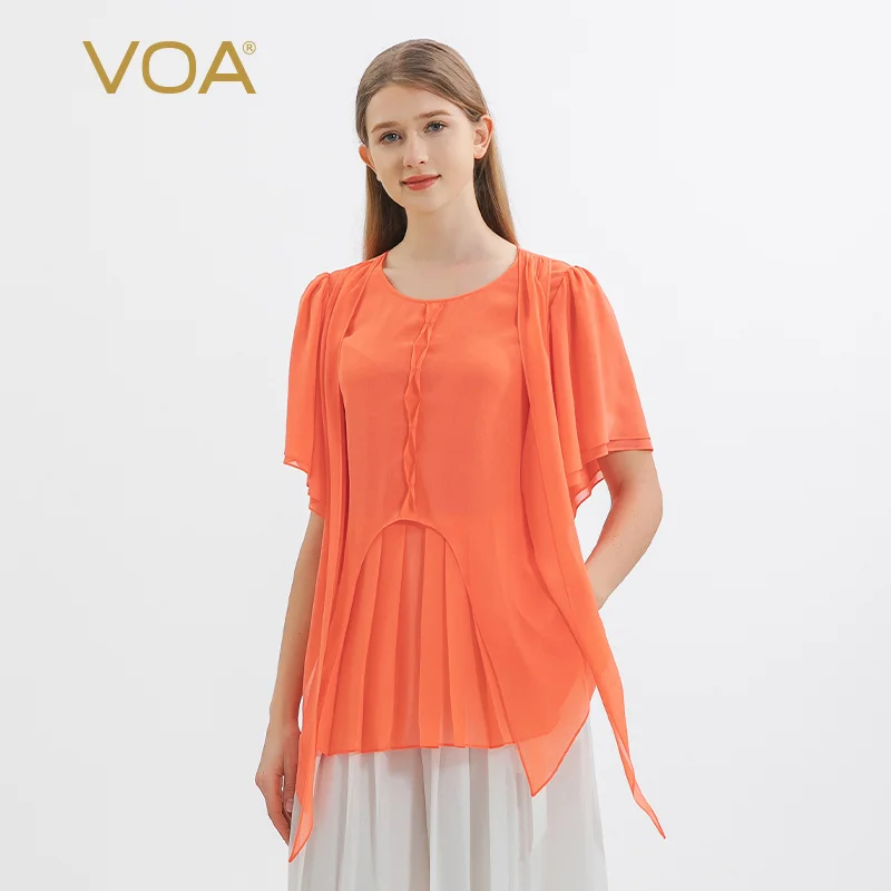 

VOA Jacquard Crown Le Crepe Mulberry Silk Orange Woman Tshirts O-neck Pleated Double Layer Ruffles Short Sleeve T-Shirt BE1087