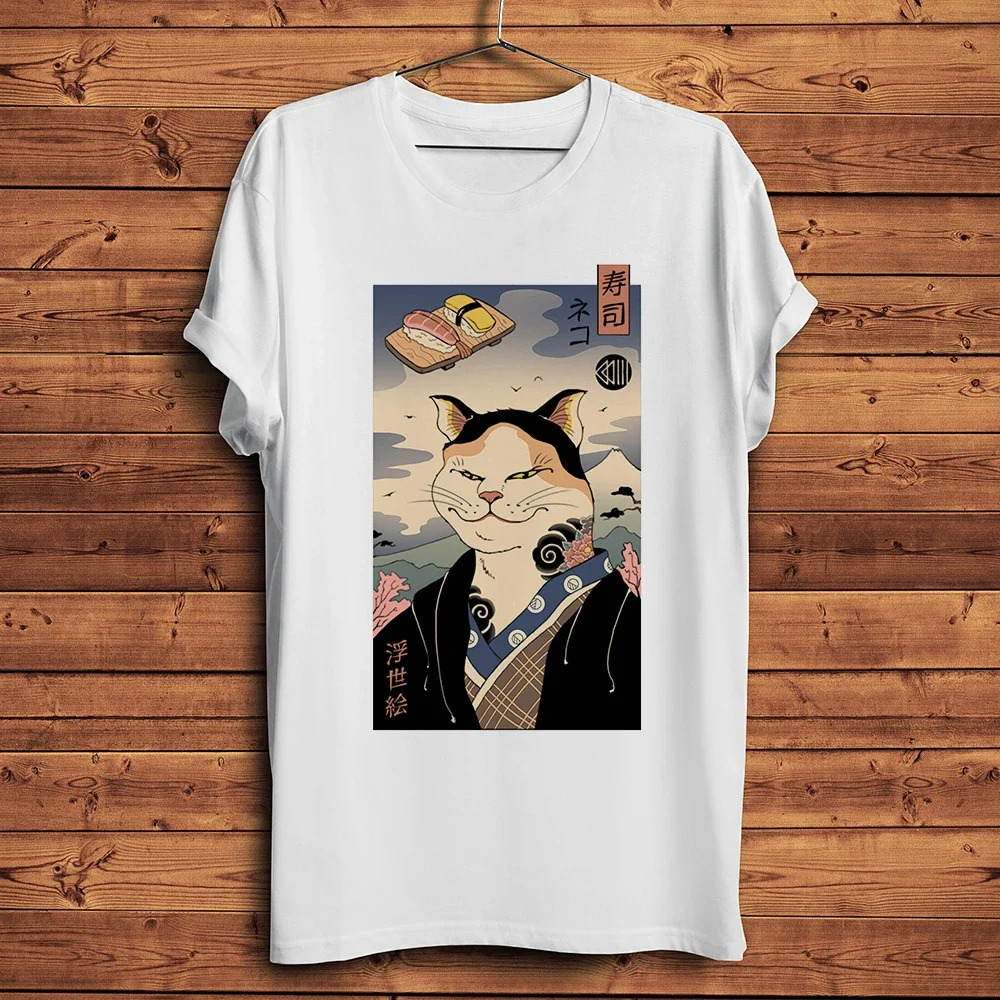 Фото Edo Ukiyo Cat Sushi Nigiri Chef Master Забавная футболка Meow, мужская белая повседневная короткая футболка, винтажная футболка унисекс, дышащий принт №1