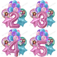 1Set Gabby Dollhouse Cats Balloons Birthday Party Decorations Inch Pink Number Cartoon Balloon Baby Shower Supplies Kids Toys