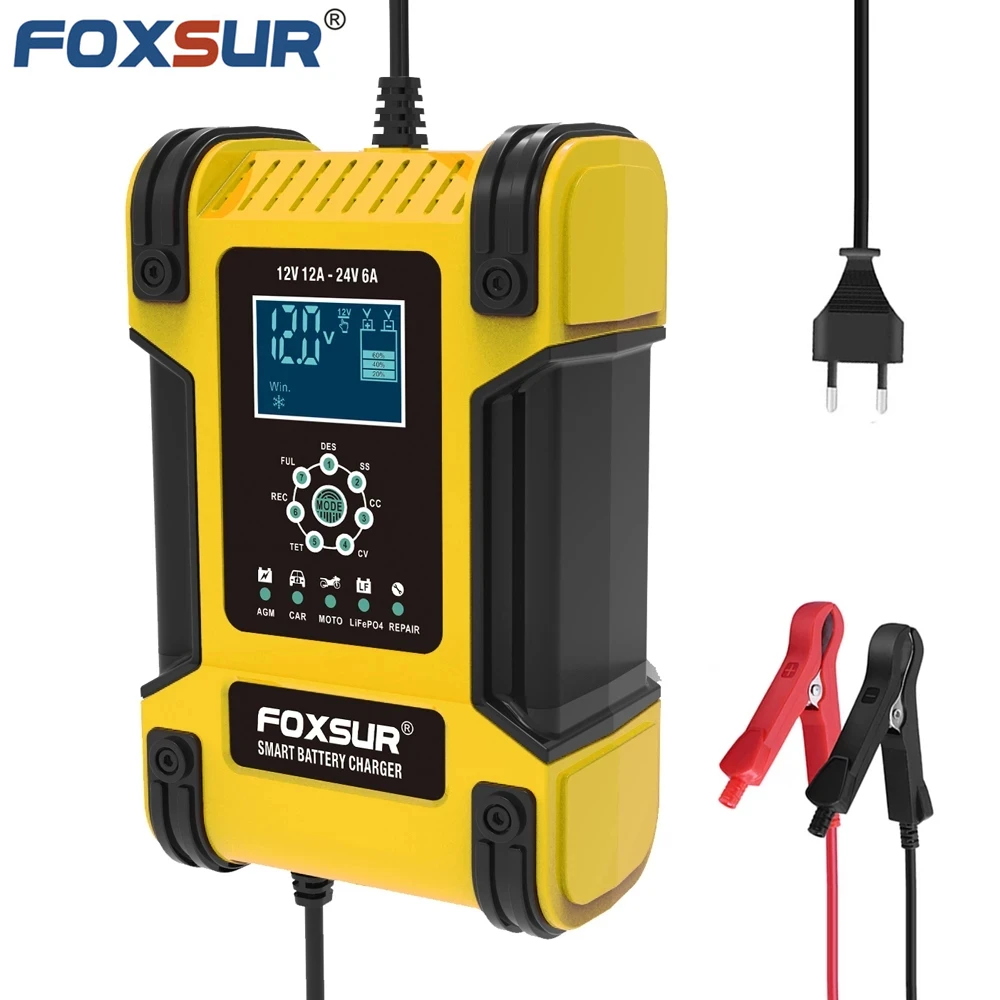 

FOXSUR 12V 24V 12A 7-ступенчатое зарядное устройство для аккумуляторов, свинцовое гелевое зарядное устройство STD AGM для аккумуляторов автомобиля мотоцикла, импульсный заряд, вспомогательный десульфатор