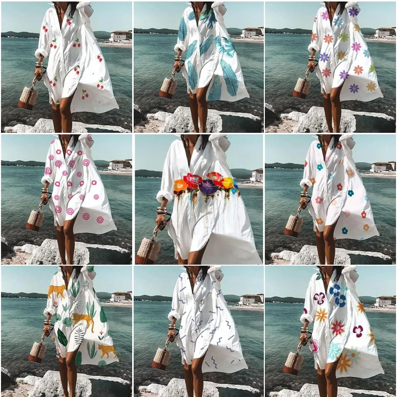 S-5xl Shirt Dress Women Summer Casual Print Button Long Sleeve Loose Beach Dresses Female Elegant Bohemian Vacation Sundress