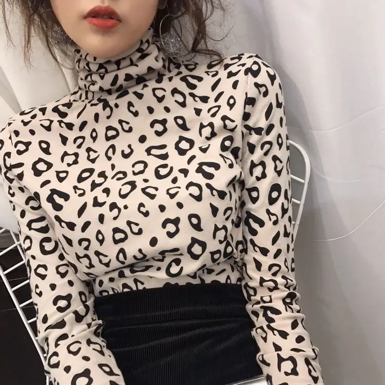 Женская футболка с леопардовым принтом осенне-зимняя Водолазка длинным рукавом