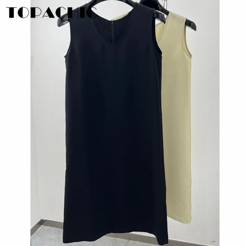 6.21 High Quality Silk Solid Color Simple Back Zipper O-Neck Sleeveless A-Line Tank Dress Women