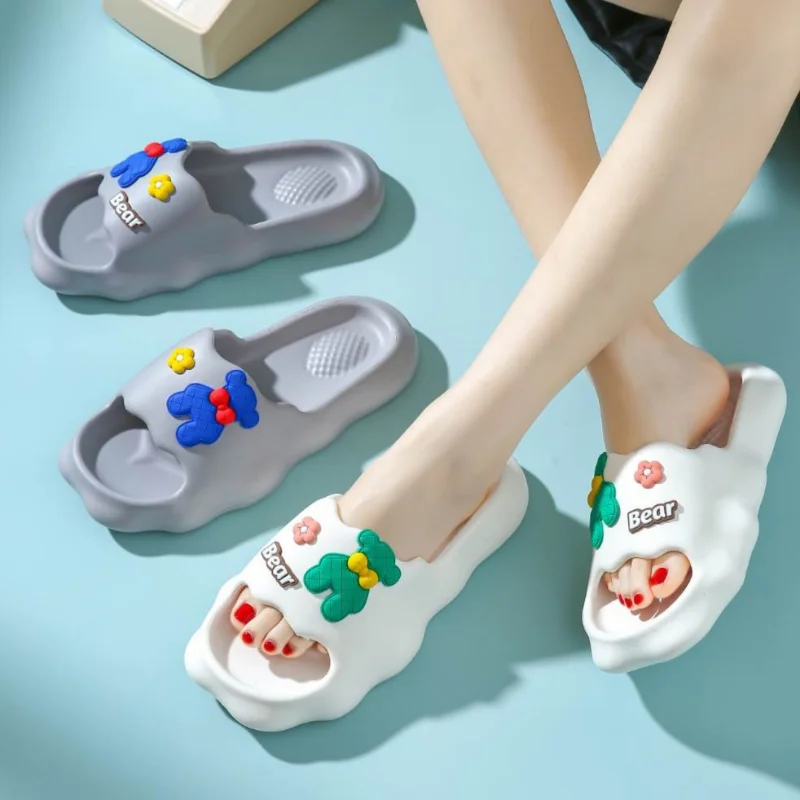 Women Cartoon Bear Flower Decor EVA Slippers Summer New Soft Comfy Light non-slip Home Bathroom Slides Beach Casual Couple Shoes
