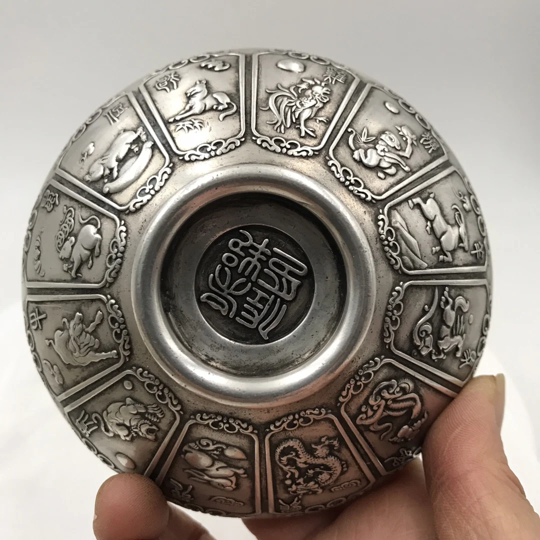 Китайская работа тибетская серебряная гравировка чаша 12 зодиака металлические
