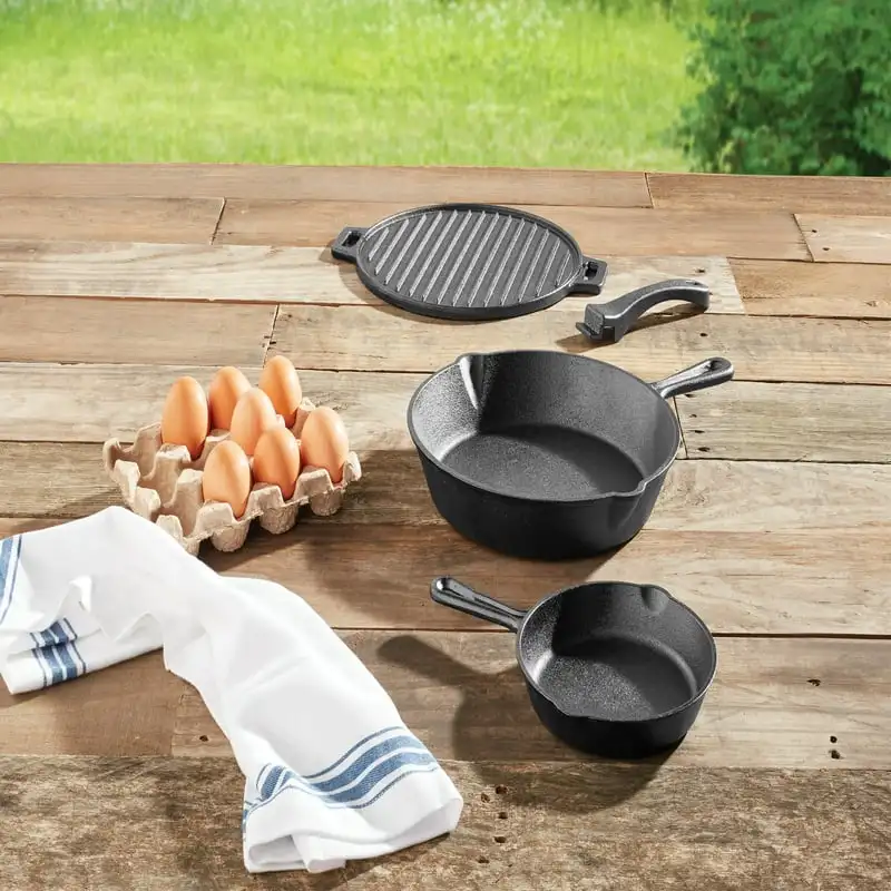 

Cast Iron Skillet Set with Handles and Griddle, Pre-seasoned, 6", 10.5", 11"