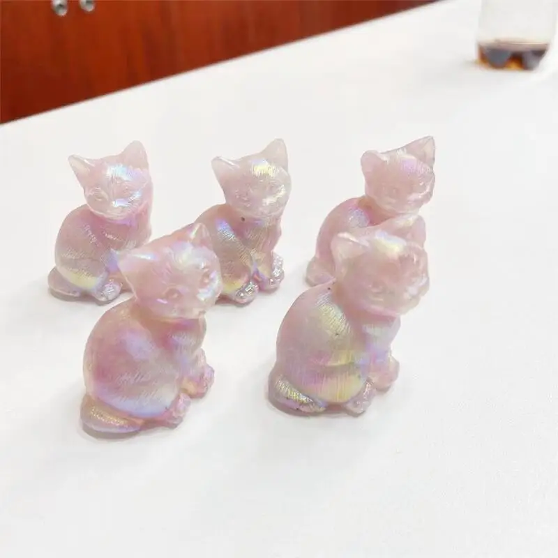 

Natural Aura Rose Quartz Cat Carved Crystals And Stones Healing Polished Mineral Ornaments Home Decoration 1pcs