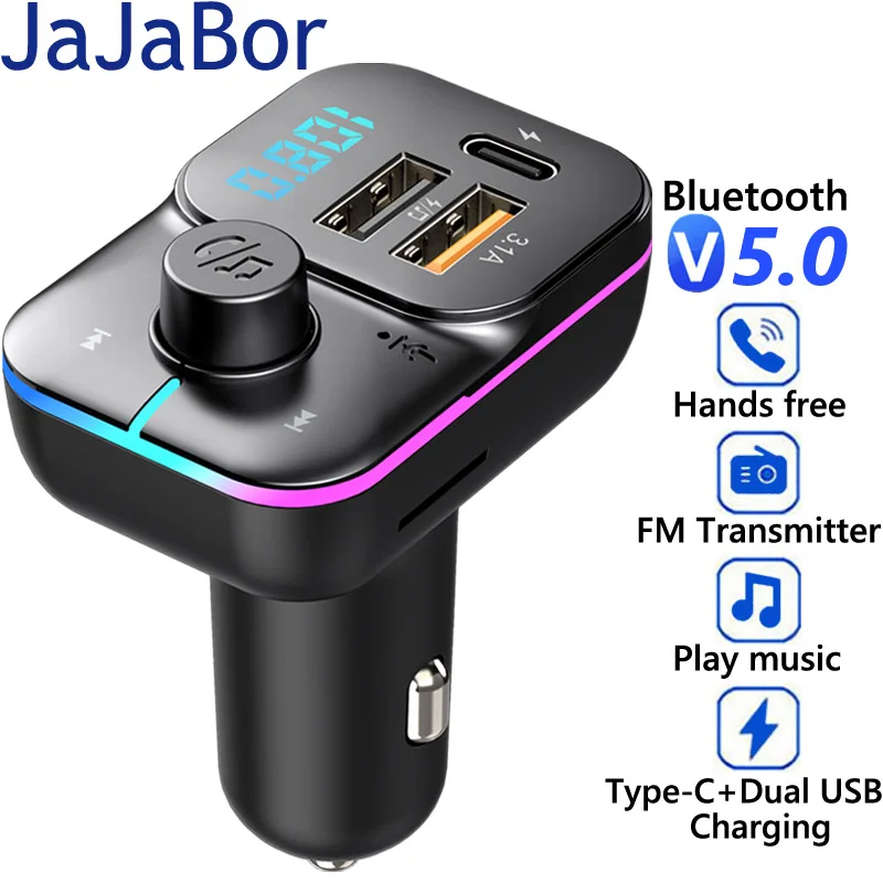 

JaJaBor FM Transmitter Car MP3 Player USB C 3.1A Fast Charging Car Charger Stereo Audio Receiver Handsfree Bluetooth 5.0 Car Kit