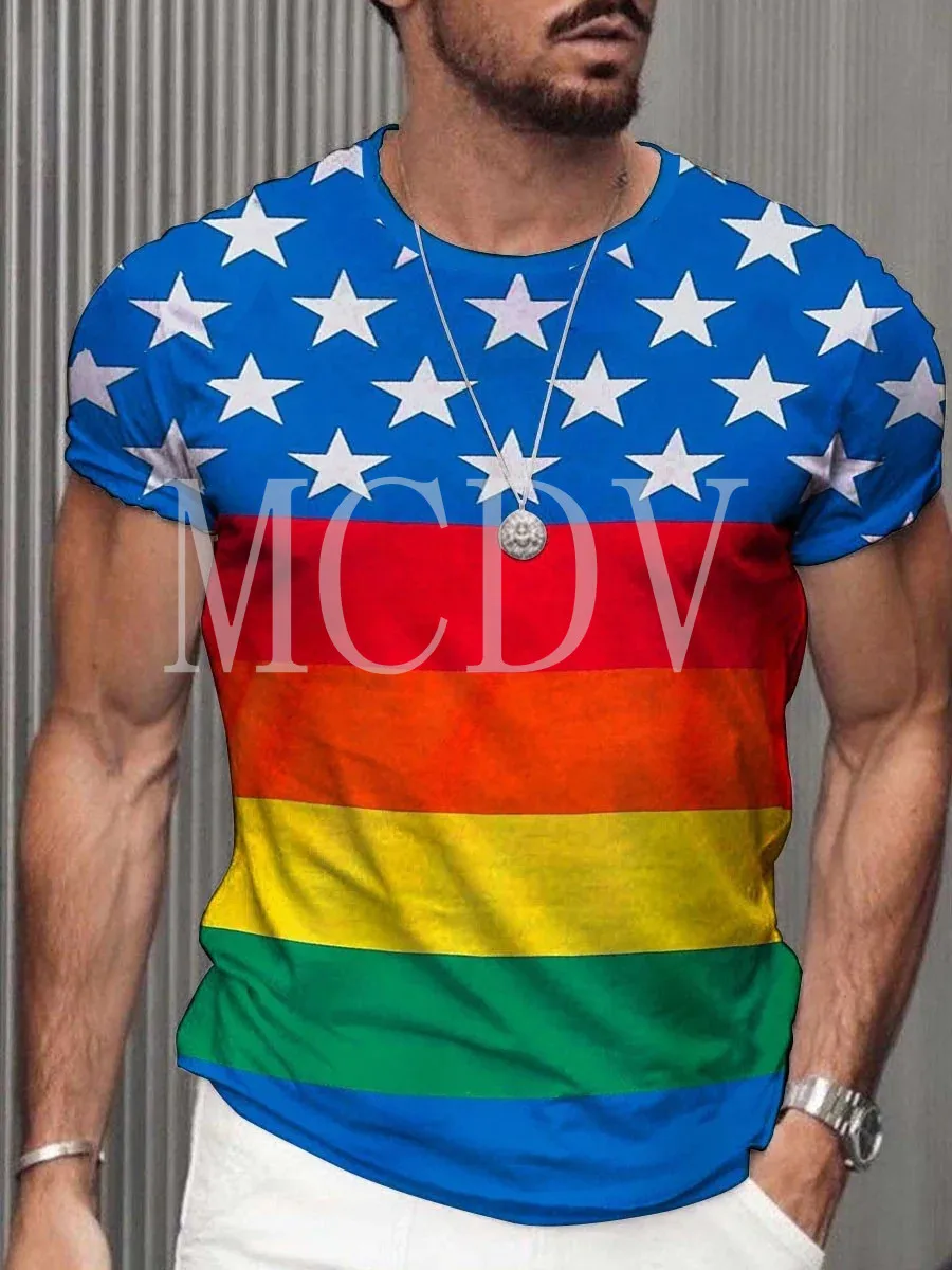 

2023 Summer Men's Printed Casual Crew Neck Short Sleeve T-Shirt Rainbow Flag3D Printed T Shirt