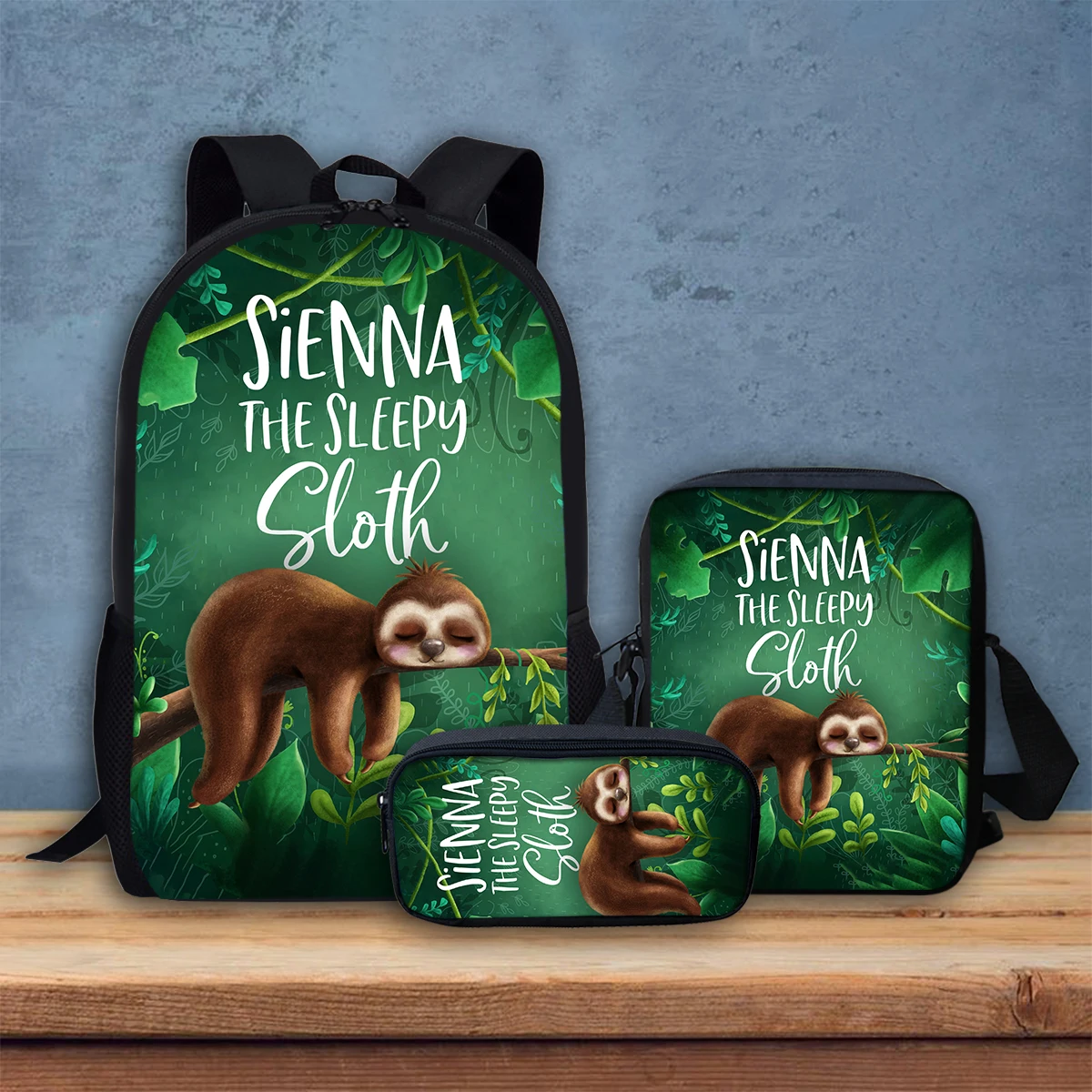 Lovely Sloth Crossbody Bag for Student Cute Animal Print Study Stationery Box DIY Design Teenages Durable Backpack 3Pcs/Set Gift