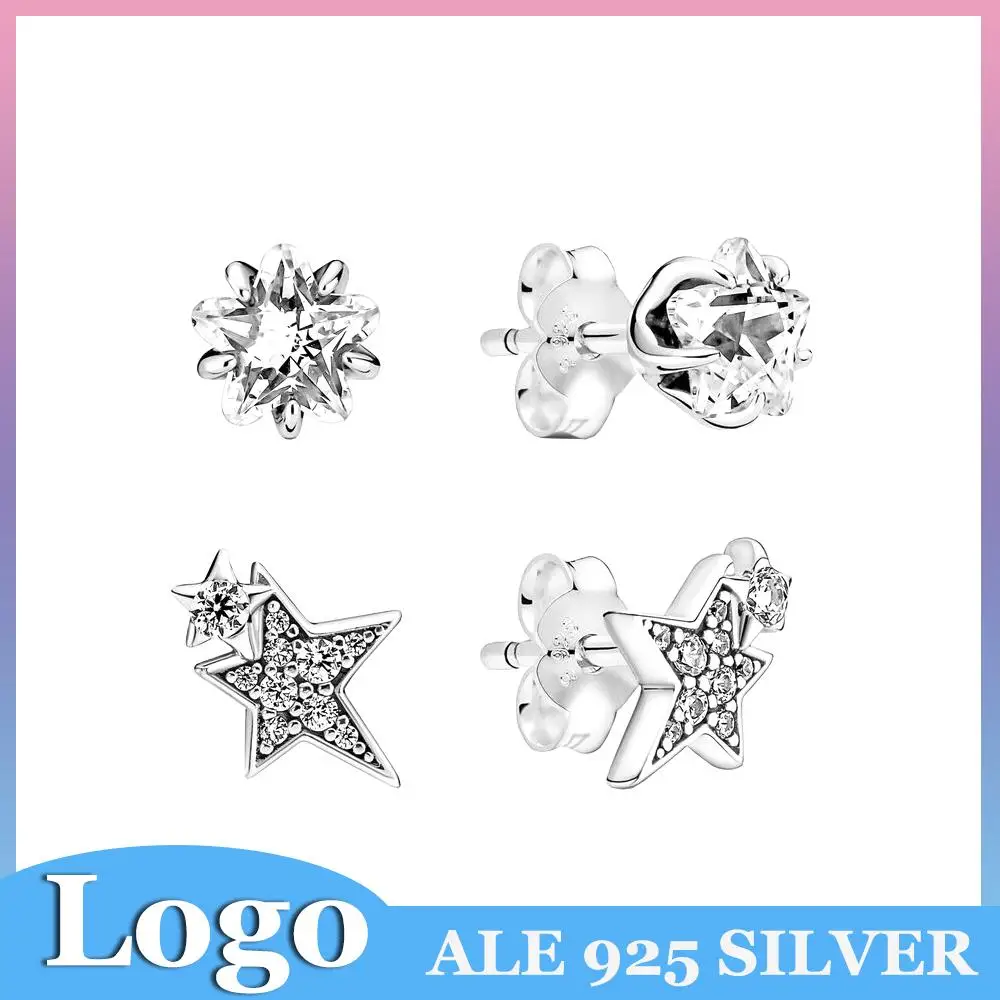 

Pandora 925 Sterling Silver Asymmetrical Stars Cosmic Sparkling Star of Europe Stud Earrings Women Bead Charm DIY Jewelry