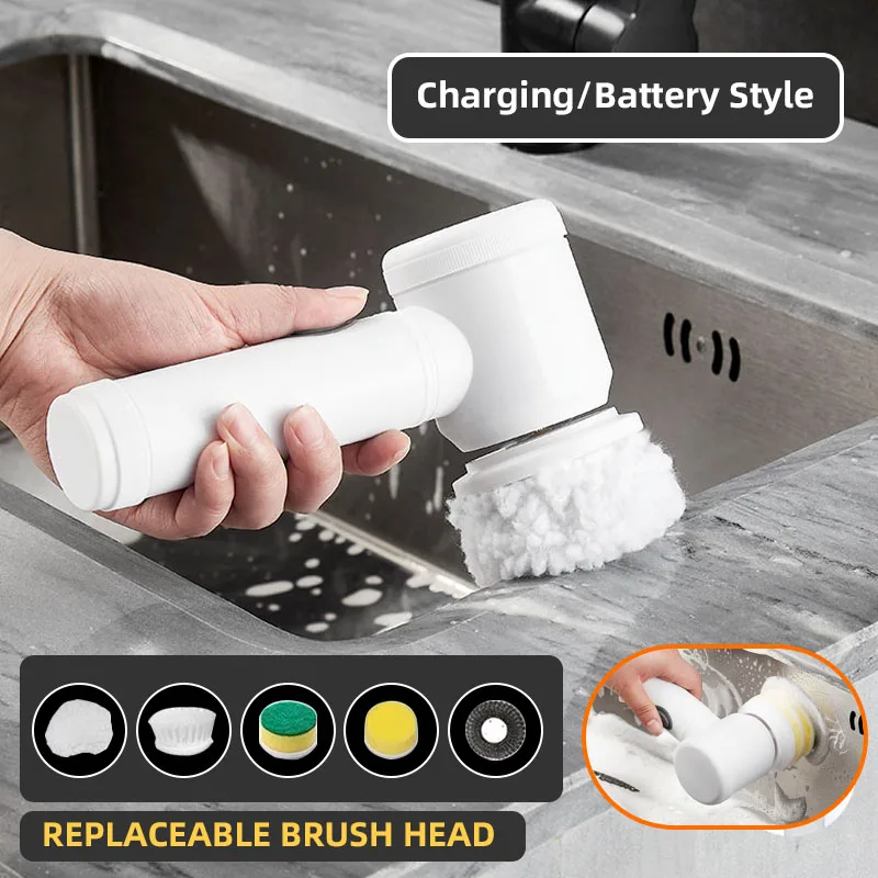 

Electric Cleaning Brush Bathroom Wash Brush Kitchen Cleaning Tool USB 5-in-1 Handheld Bathtub Brush Electric Brush Cleaner Sink