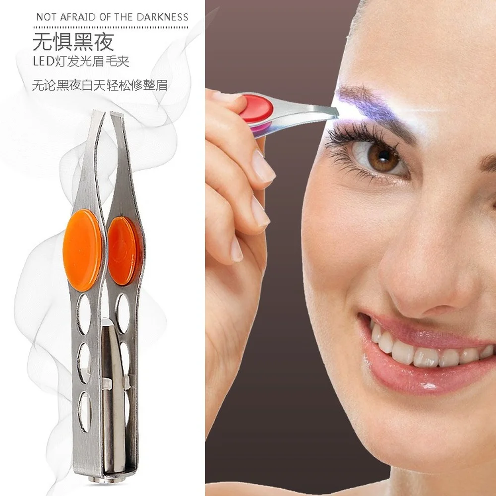 

LED Eyebrow Tweezers Oblique Tip Eyebrow Trimming Clip Stainless Steel Eye Hair Removal Clamp False Eyelashes Curler Makeup Tool