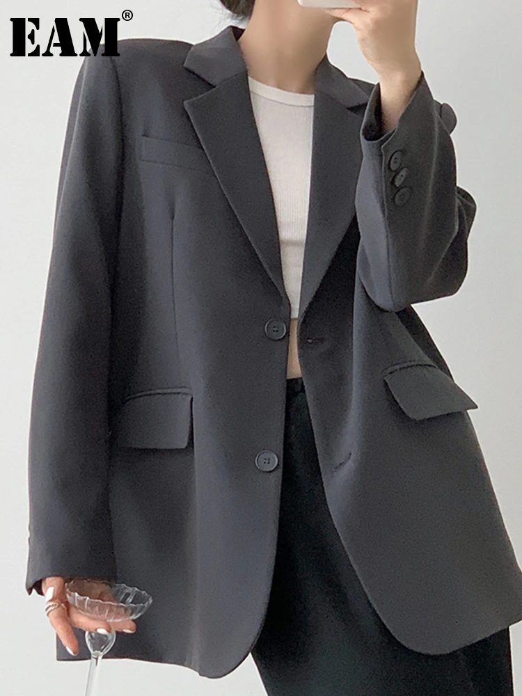 

[EAM] Women Gray Brief Big Size Elegant Blazer New Lapel Long Sleeve Loose Fit Jacket Fashion Tide Spring Autumn 2023 1DH0230