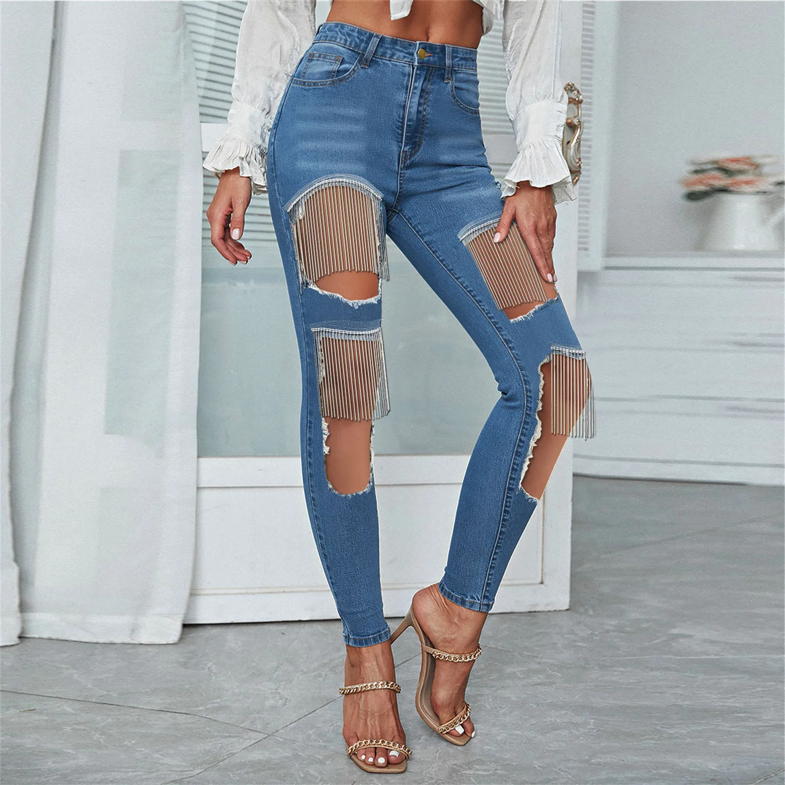 

New Hole Jeans Echoine Vintage High Waist Ripped Jeans Pant for Women Tassel Hole Pencil Pants Blue Streetwear Plus size Ladies