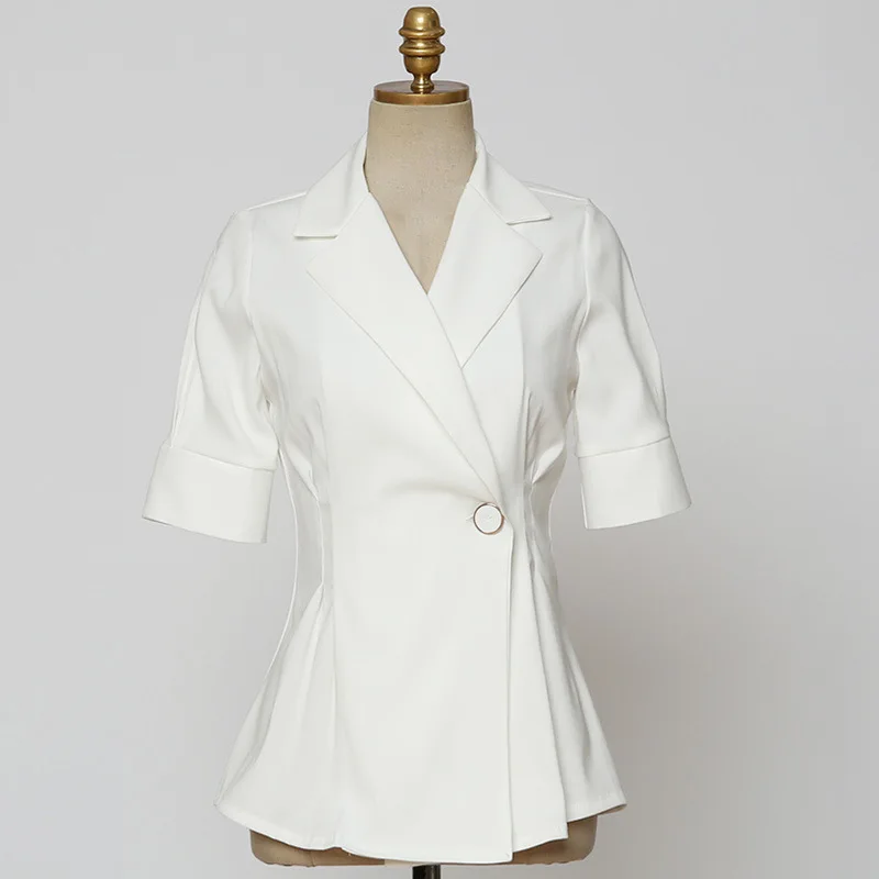 2021 Summer Ladies Elegant Temperament Short Pleated Short-sleeved Slim Single Button Fashion Small Suit Ladies Women Clothing