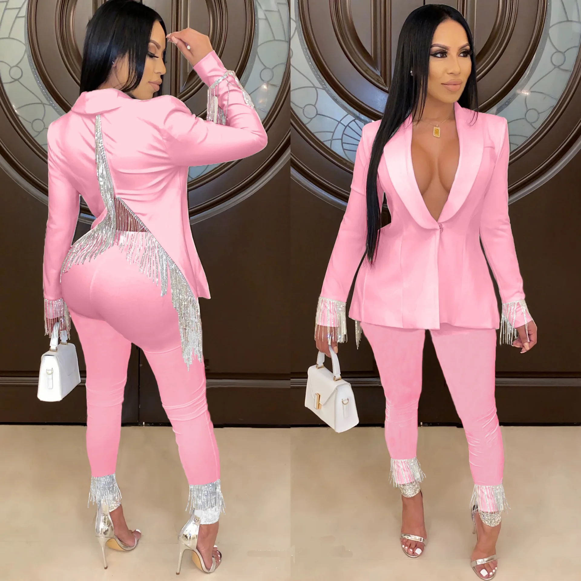 

Women Sexy 2 Piece Outfits Tassels Slit Back Blazer Jacket and Fringe Jogging Pants Suit Casual Business Suits Street Tracksuit