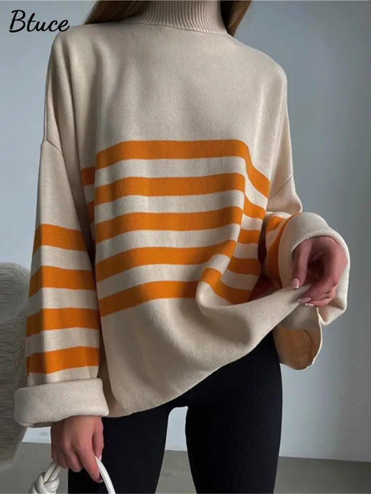 

2022 Striped Split Women Pullover Jumper Long Flare Sleeve Knitted Oversized Knitwear Autumn Winter Female Turtleneck Sweater