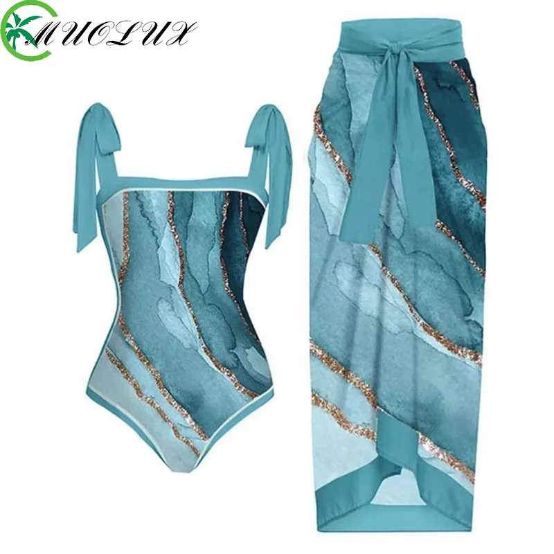 

MUOLUX 2023 Vintage Print One Piece Swimsuit Women Swimwear Skirt Sexy Cover Up Beach Female Bandage Monokini Swim Dress Bather