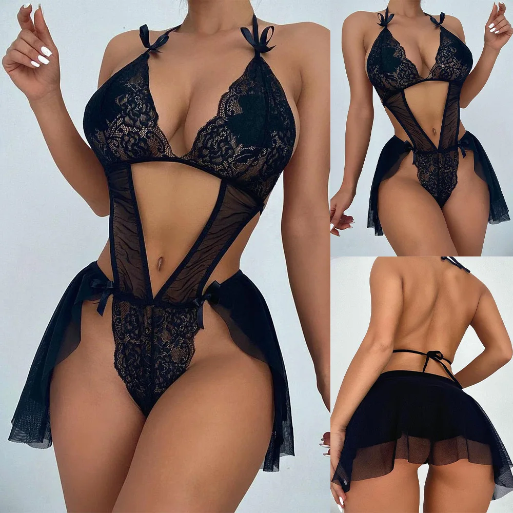 

Women Sexy Lace Lingerie Deep V-neck Bra Sets Underwear with Little Lace Cloak Lingerie Set Nightdress Strappy Exotic Sleepwear