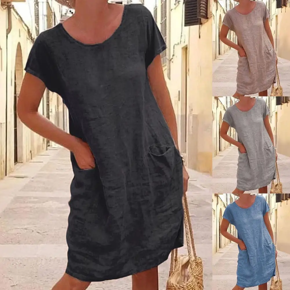 

Women Dress Solid Color Pockets Ladies Loose-fitting Elegant Dress for Beach
