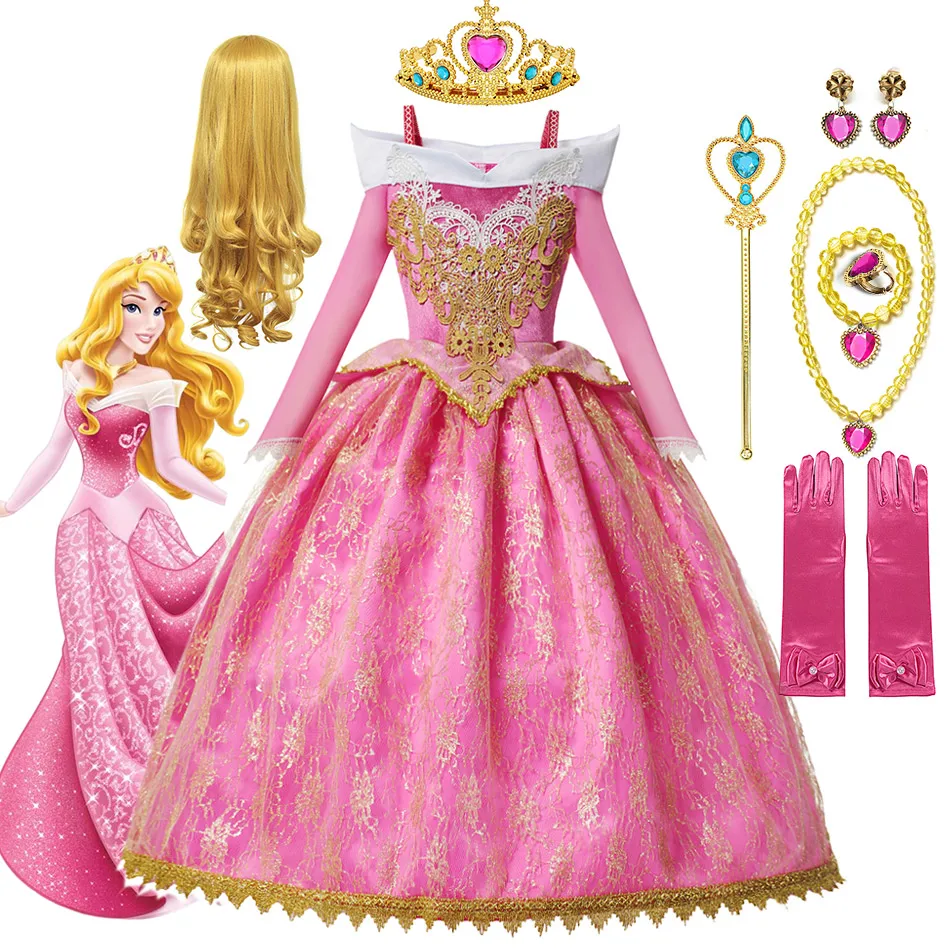 

DISNEY Girls Deluxe Princess Aurora Ball Gown Christmas Party Lace Vintage Dress Purim Kids Birthday Sleeping Beauty Costume