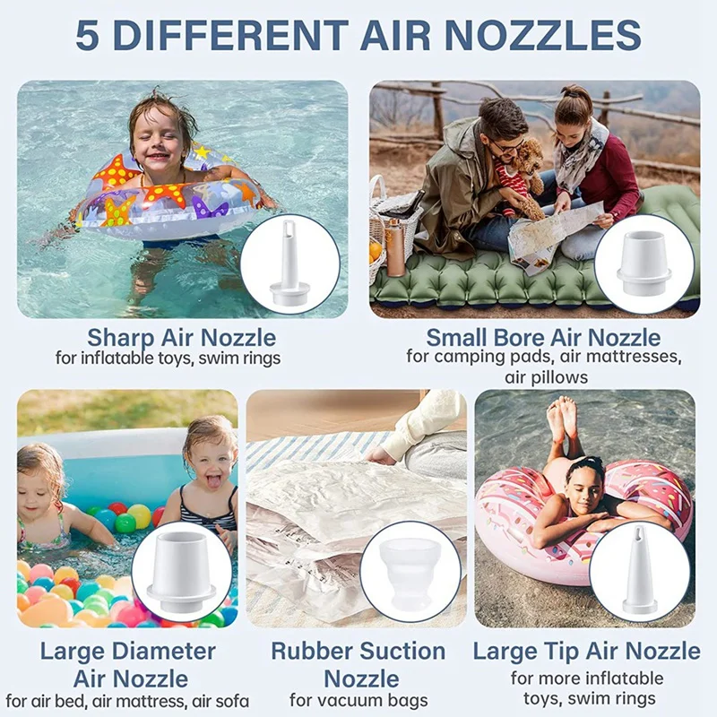 Белый воздушный насос USB перезаряжаемый для накачивания с насадками надувного