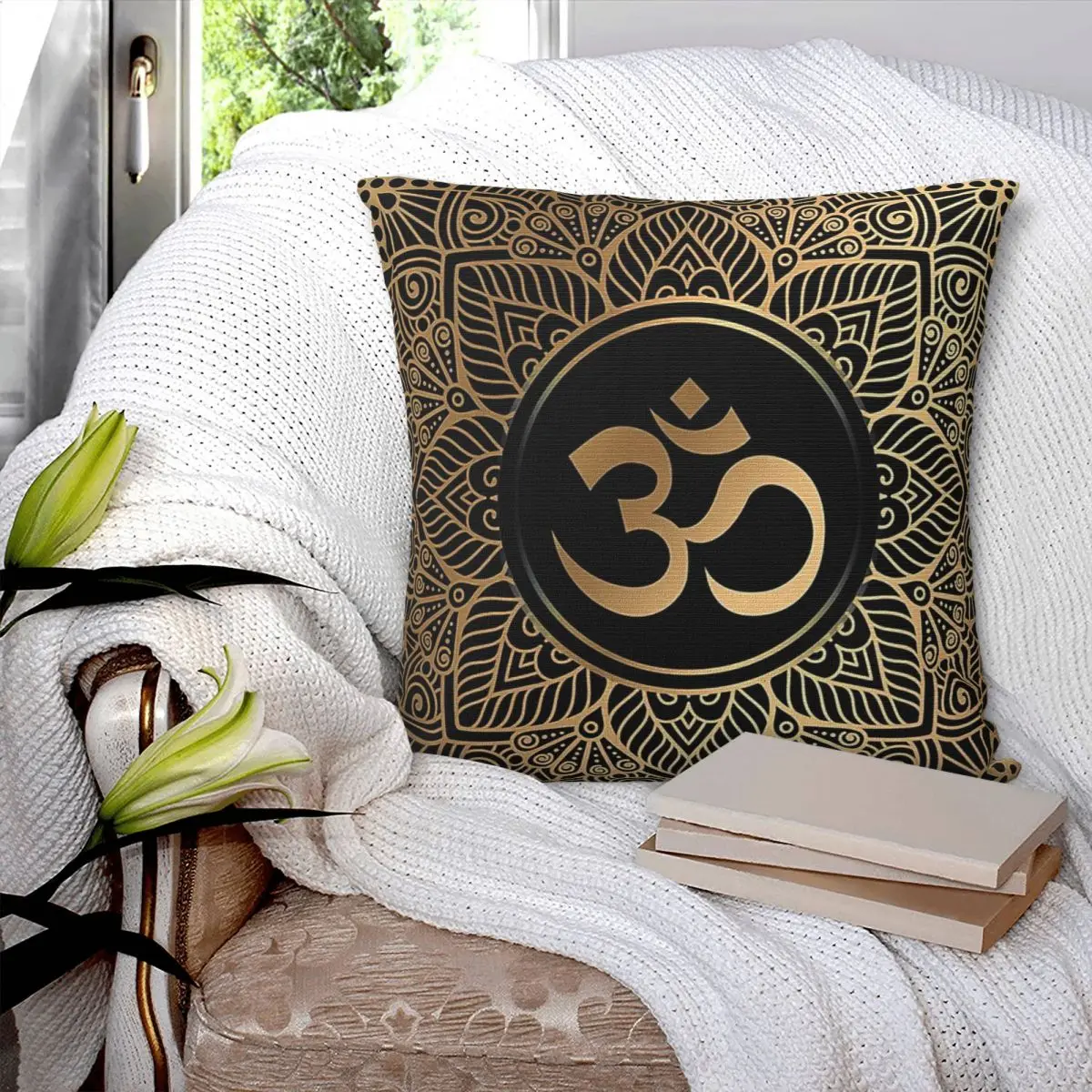 

Gold Golden Mandala Om Yoga Aum Ohm Henna Pillowcase Printed Cushion Cover Sofa Waist Pillow Pillow Cover