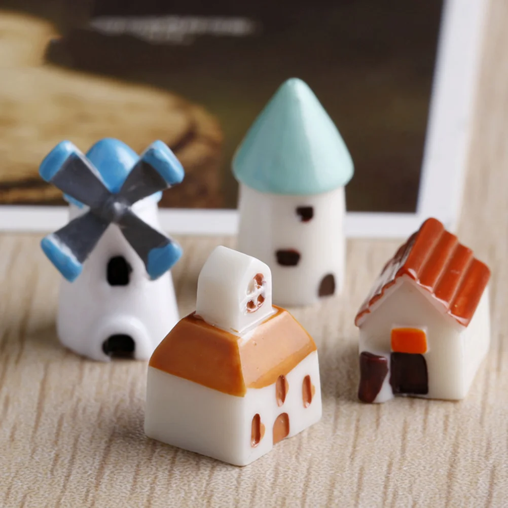 

8Pcs Resin Miniatures Castles Cabins Tank Churches Windmills Crafts Ornaments