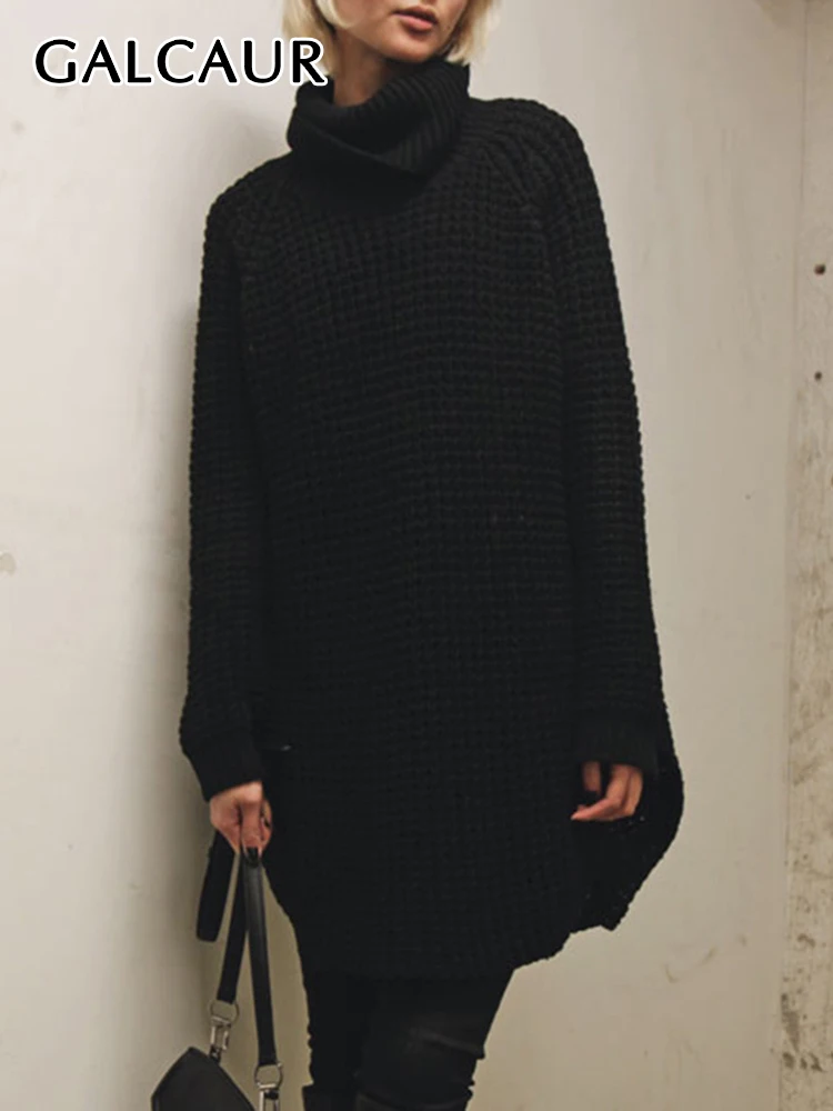 

GALCAUR Loose Knitting Sweater For Women Turtleneck Long Sleeve Solid Irregular Hem Pullovers Female Autumn Clothing 2022 Casual
