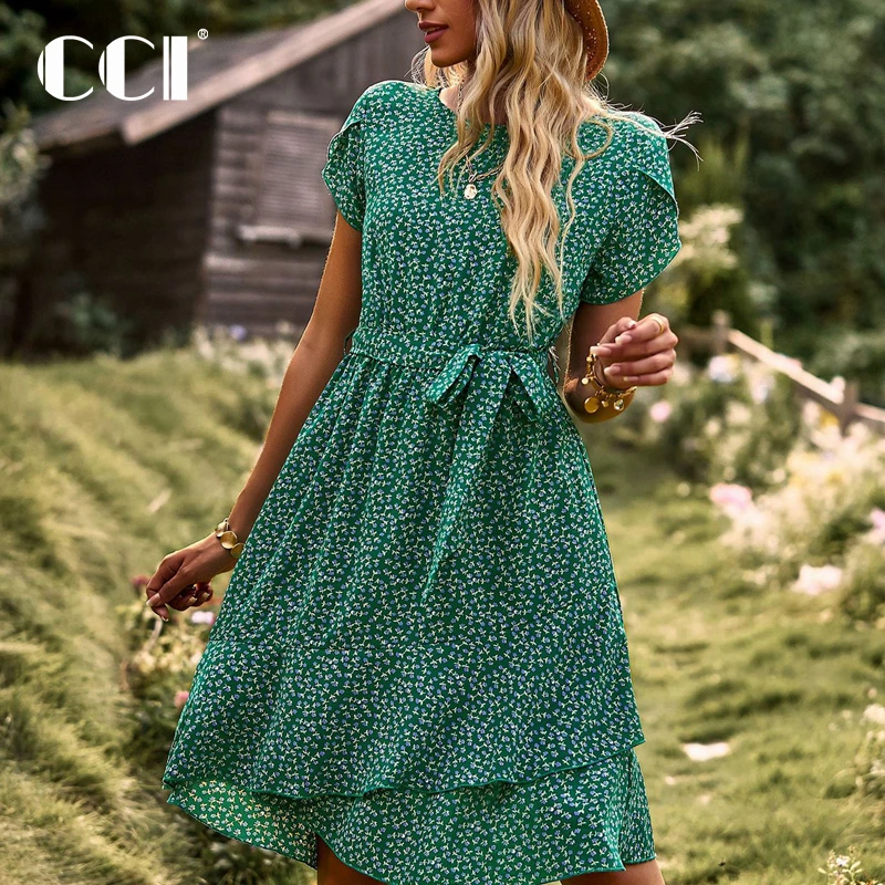 

CCI Factory Y2k Formal Dresses Casual Non Strech Ruffles Knee Length Polyester Petal Sleeve Print Evening Dress YJ053D