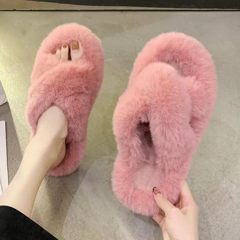 

Furry Slippers for Home Women Ladies Shoes Cute Plush Fox Hair Fluffy Sandals Indoor Fur Slippers Winter Slippers Women Size 40