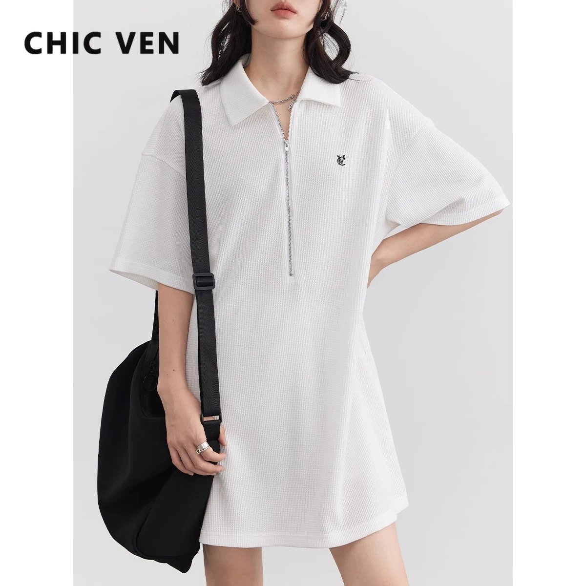 

CHIC VEN Women Korean Dresses Polo Collar Loose Short Sleeved Dress for Woman T-shirt Skirt Summer 2023 New Ladies Fashion Cloth