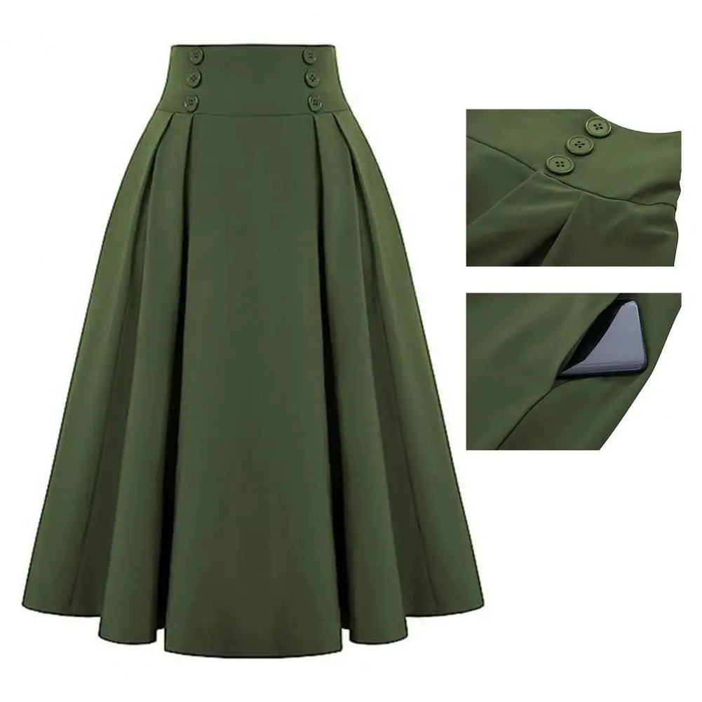 Юбка-миди однотонная трапециевидная на пуговицах с высокой талией и карманами