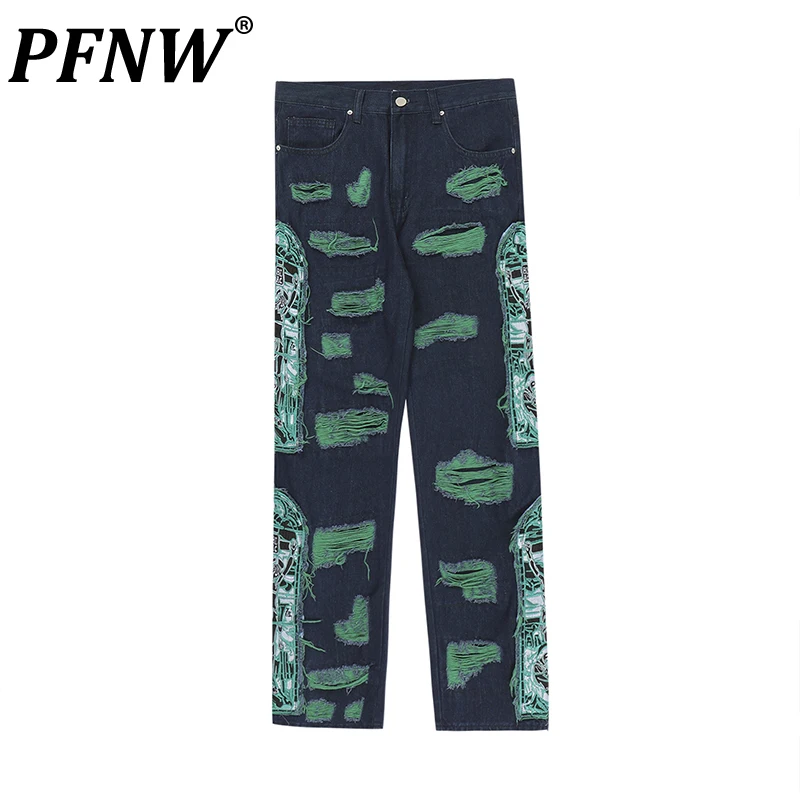 

Мужские джинсы PFNW, изношенные прямые джинсы в американском стиле, модные брендовые контрастные индивидуализированные джинсовые брюки в стиле пэчворк, весна-осень 12A8050