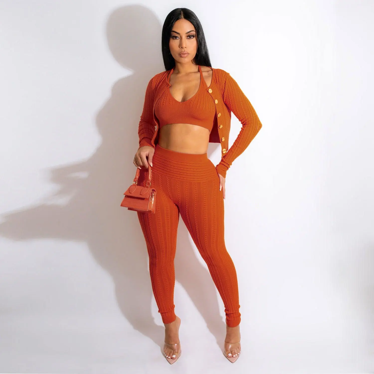 Трикотажный Комплект из трех предметов с V-образным вырезом, однотонный трикотажный комплект из трех предметов, привлекательный облегающий жилет, укороченный топ + облегающий пиджак + брюки-карандаш, комплект из трех предметов