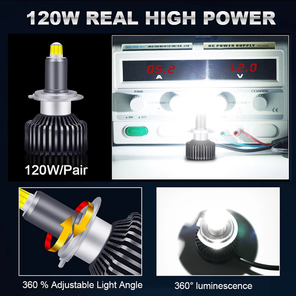 Автомобильная лампа с освещением на 360 ° 120 Вт высокая мощность H1 H3 H7 H8 H9 H11 Φ 9005 HB3