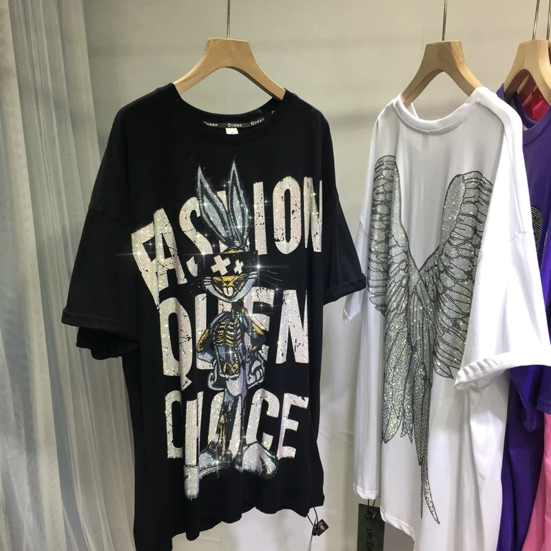 Luxury Blingbling Hot Drilling Bunny Wings Oversize Loose Top 2023 New Summer All-match Mid-long O-neck Short Sleeve T Shirts