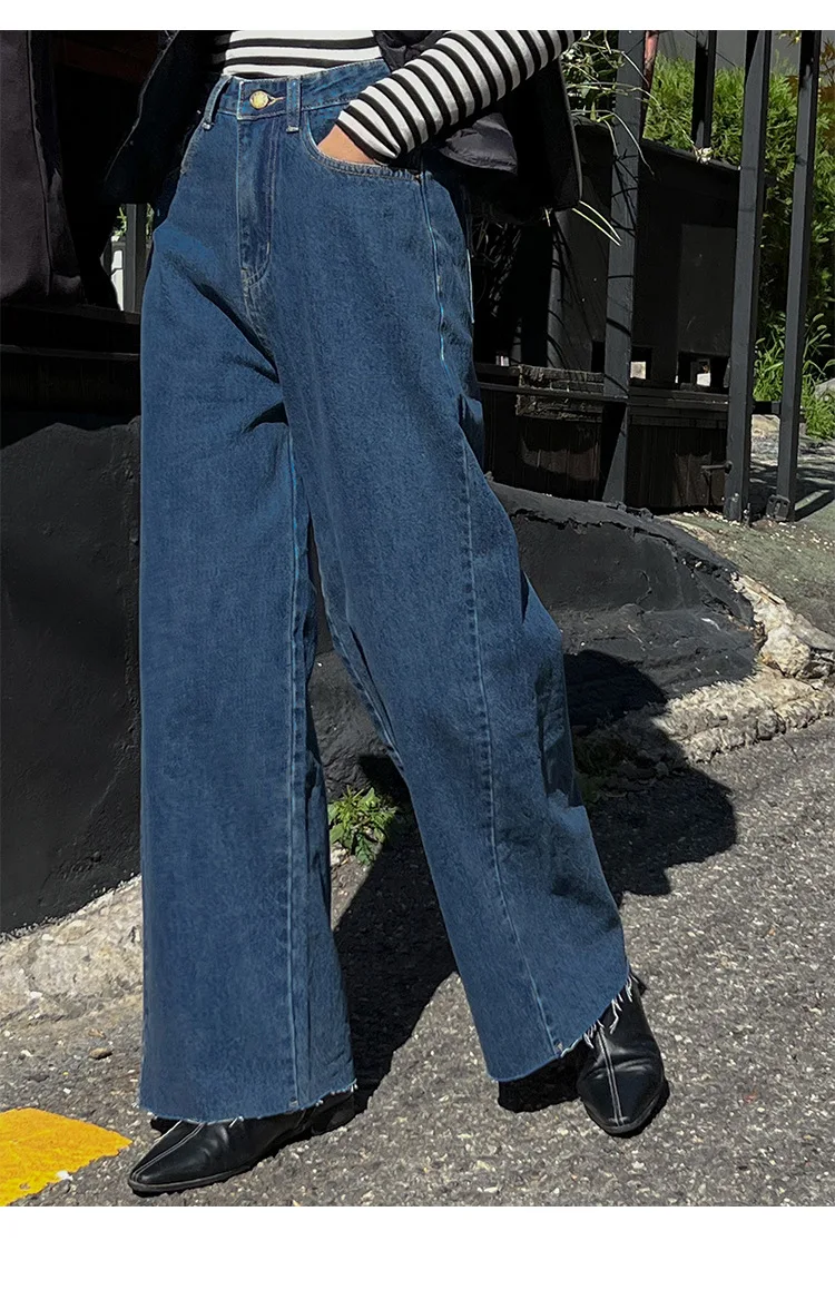 Women's casual solid high waist loose wide leg jeans in autumn and winter