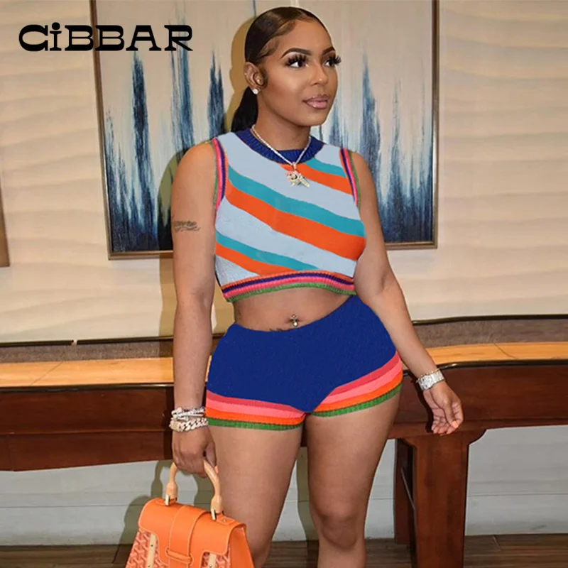 

CIBBAR Summer Fashion Hot Trend Shorts Sets Women Street Style Multi-Color Knit 2 Piece Suit Skinny Crop Tanks Top+Shorts Outfit