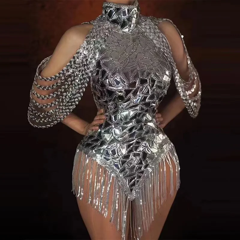 

Tassel Performance Costume Bar Dancer Night Club Dress Stage Wear Sparkly Silver Fade Mirrors Women Sexy Bodycon Mini Dress